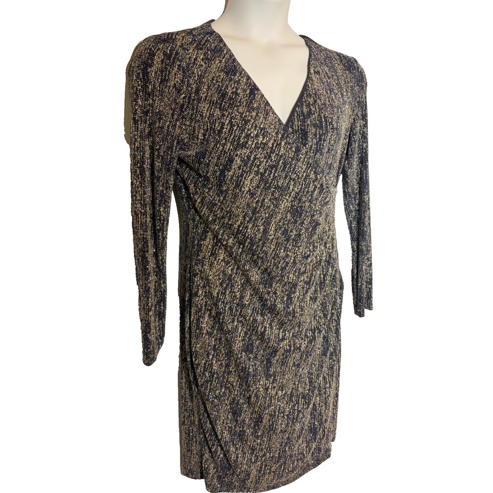 Calvin Klein Black & Gold Metallic Dress~12~ V Nk Sheath Long Slvs Evening Glam